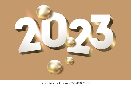 2023 golden white decoration holiday on beige background. Gold foil numbers 2023 with realistic festive objects, Horizontal banner. Happy new year vector illustration.