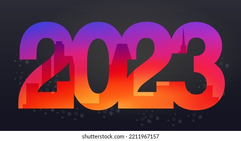 2023 gradient big city background. Merry Christmas and happy New Year 2023 background. Christmas greeting card template. Vector illustration.
