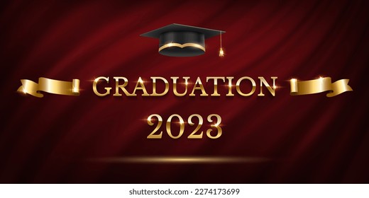 2023 graduation ceremony banner. Award concept with academic hat, golden ribbon and text on dark red curtain background.