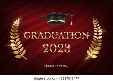 2023 graduation ceremony banner. Award concept with academic hat, golden laurel wreath and text on dark red curtain background.