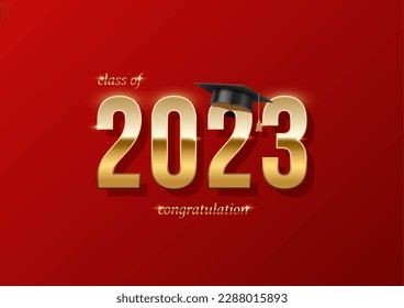 2023 graduation ceremony festive horizontal banner template. Award concept with academic hat, golden numbers and text isolated on red background.