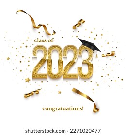 2023 graduation ceremony square banner. Award concept with academic hat, golden numbers, ribbons, confetti and text isolated on white background.