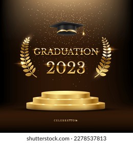 2023 graduation ceremony square banner. Award concept with academic hat, golden podium and laurel wreath under shining glitter on dark background.