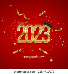 2023 graduation ceremony square banner. Award concept with academic hat, golden numbers, ribbons, confetti and text isolated on red background.