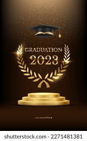 2023 graduation ceremony vertical banner. Award concept with academic hat, golden podium and laurel wreath under shining glitter on dark background.