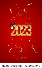 2023 graduation ceremony vertical banner. Award concept with academic hat, golden numbers, ribbons, confetti and text isolated on red background.