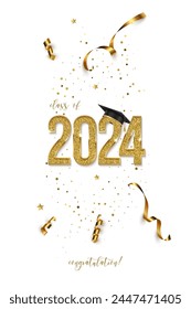 Anuncio de Vertical de la ceremonia de graduación 2023. Concepto de premio con sombrero académico, números dorados, cintas, confeti y texto aislado sobre fondo blanco.