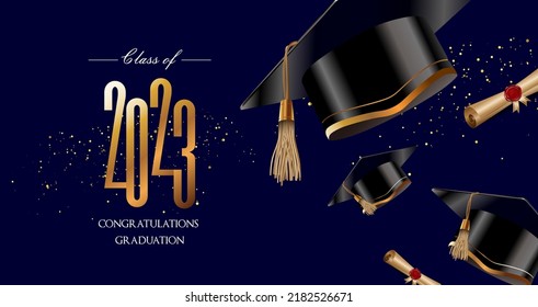 2023 graduation greeting vector design. Congratulations graduates text with 3d mortarboard cap, diploma and golden speckled celebratory elements for college graduates celebration. Vector illustration.