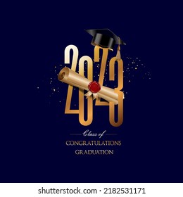 2023 graduation greeting vector design. Congratulations graduates text with 3d mortarboard cap, diploma and golden speckled celebratory elements for college graduates celebration. Vector illustration.