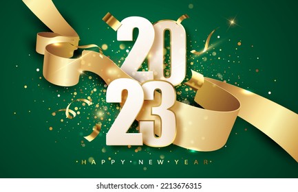 2023 green Happy New Year vector background with golden ribbon, confetti. Christmas celebrate design. Concept template for holida