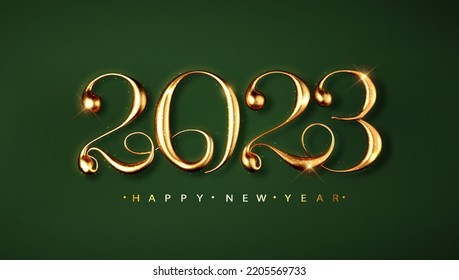 2023 green New Year card template with realistic golden numbers. Christmas celebrate design. Festive premium concept template for holiday