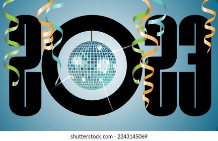 2023 - Greeting card with a nightclub atmosphere to celebrate the new year while dancing, with a facet ball and serpentines on a turquoise background.