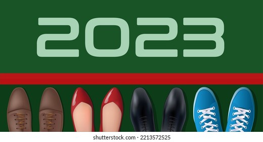 2023 greeting card on the theme of competition in the world of work with a symbol of a starting line and the feet of four people of different ages and genders.