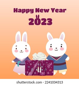 2023 Gyemyo Year New Year s rabbit character Illustration. Family of rabbits with gifts for the new year. Postcard. Vector illustration. Flat style.