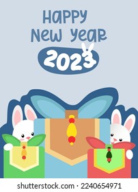 2023 Gyemyo Year New Year's Rabbit Character Illustration. Depicting a boy and a girl in hanbok clothes against the background of traditional Korean gifts with the numbers 2023. Hares in a costume