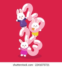 2023 Gyemyo Year New Year's Rabbit Character Illustration. Rabbits in traditional Korean hanbok costumes climbed the numbers 2023 on a pink background. A bright New Year's colored postcard.