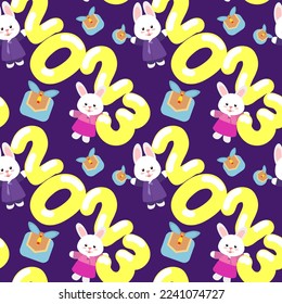 2023 Gyemyo Year New Year's Rabbit Character. A pattern of rabbit faces, the numbers 2023, gifts on a pink background. Bright New Year's colored background for printing on textiles and paper.
