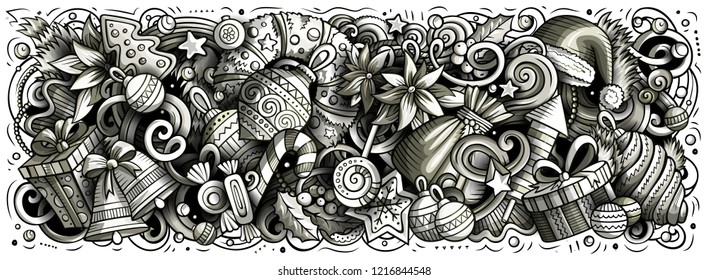 2023 hand drawn doodles horizontal illustration. New Year objects and elements poster design. Creative cartoon holidays art background. Graphics vector drawing