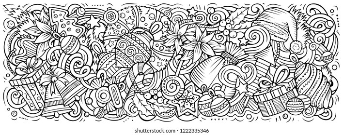 2023 hand drawn doodles horizontal illustration. New Year objects and elements poster design. Creative cartoon holidays art background. Line art vector drawing