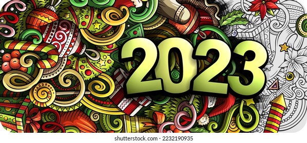 2023 hand drawn doodles horizontal illustration. New Year objects and elements banner design. Creative cartoon holidays art background. Colorful vector drawing