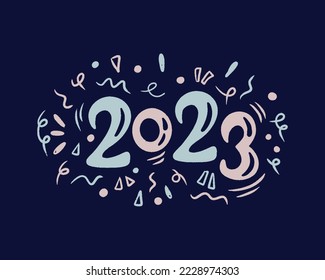 2023 hand drawn lettering. Banner for New Year 2023 in doodle style