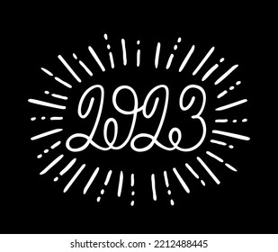 2023. Hand drawn lettering greeting card with calligraphy for 2023. Handwritten. Merry Christmas and Happy New Year lettering style retro illustration. 2023 on black background. Vector