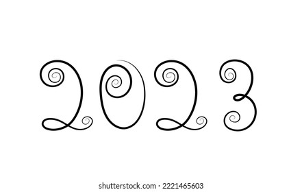 2023 Hand drawn vector numbers, New Year calligraphic calendar sketch. Doodle Greeting Card, Twisted Font, Freehand Typographic Graphic 2023