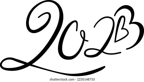2023 Hand Drawn Vector Numbers Set, New Year Calligraphy Sketch Calendar Design, Doodle Greeting Card, Scribble Handdrawn Brush Font, Freehand 2023 Typography Graphic Element, 2023 Heart
