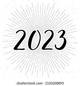 2023 handwritten calligraphic vector numbers. Black and white. Rays and stars on background. For greeting card, postcard, invitation, web, banner, print, poster.