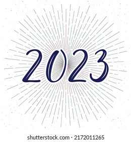 2023 handwritten calligraphic vector numbers. Multicolored fireworks in the background. Happy New Year. For greeting card, postcard, invitation, web, banner, print, poster.