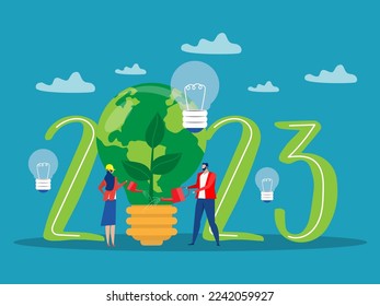 2023 Happy business man water the planet Earth World Earth Day ESG concept of conservation, protection and reasonable consumption of natural resources