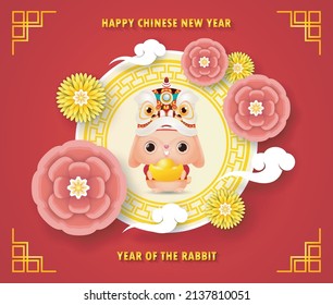 2023 Happy Chinese new year greeting card. banner design with cute little rabbit, year of the rabbit zodiac Cartoon paper cut style isolated vector illustration, Translation Happy Chinese new year