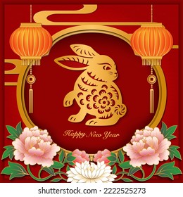 2023 Happy Chinese new year of rabbit paper cut art and relief peony flower lantern window frame