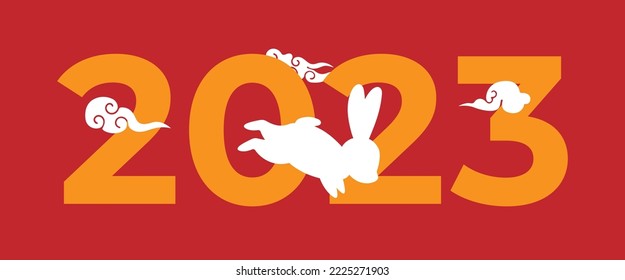 2023 Happy Chinese New Year. Chinese Lunar Year 2023. Year of the Rabbit. White rabbits. Vector illustration.
