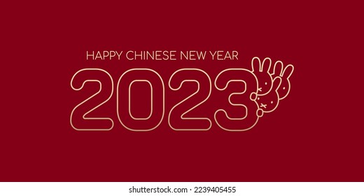 2023 Happy Chinese New Year, Number logo with 3 cute rabbit pop out behind number line art by gold gradient isolated on red background.