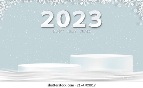 2023 Happy greeting banner with Studio 3D podium on snow floor on blue sky background,Vector backdrop Paper cut snowflake frame for Winter holiday card, Christmas sale season, Discount, New Year 2023