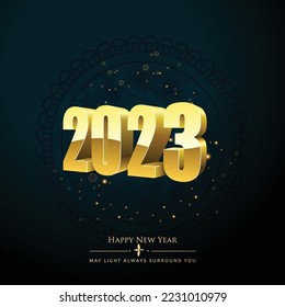 2023 Happy New Year 3D illustration made by Golden points and lines, greeting card. Vector banner poster .