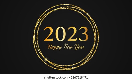 2023 Happy New Year background. Gold inscription in a gold glitter circle for Christmas holiday greeting card, flyers or posters. Vector illustration