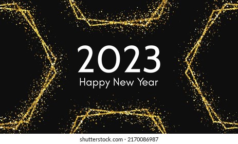 2023 Happy New Year background. White inscription with gold glitter effects for Christmas holiday greeting card, flyers or posters. Vector illustration