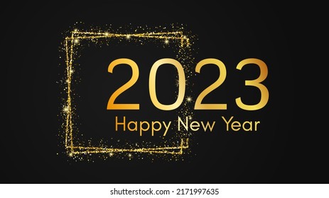2023 Happy New Year background. Gold inscription in a gold glitter square for Christmas holiday greeting card, flyers or posters. Vector illustration