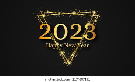 2023 Happy New Year background. Gold inscription in a gold glitter triangle for Christmas holiday greeting card, flyers or posters. Vector illustration