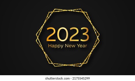 2023 Feliz Año Nuevo. Inscripción de oro en un brillo de oro para tarjeta de felicitación, volantes o carteles de Navidad. Ilustración del vector