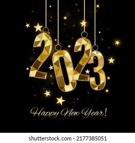 2023 Happy New Year background design. Postcard, banner, poster. Vector Illustration.Wishing you Happy New Year 2021 lines, handwritten lettering, typography, design, sparkling, gold, star.