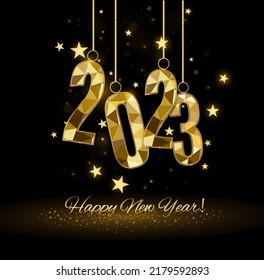 2023 Happy New Year background design. Postcard, banner, poster. Vector Illustration.Wishing you Happy New Year 2021 lines, handwritten lettering, typography, design, sparkling, gold, star.