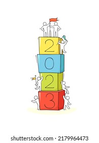 2023 Happy New Year background. Cartoon doodle illustration with liitle people prepare to celebration. Hand drawn vector illustration.