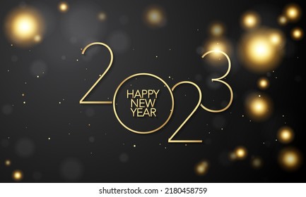 2023 Happy New Year Background Design. Golden 2023 Happy New Year Lettering on Black Background. Vector Illustration.