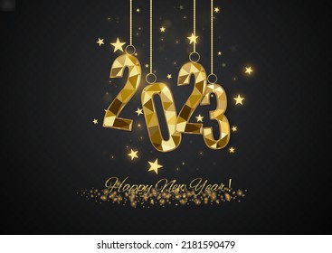 2023 Happy New Year background design. Postcard, banner, poster. Vector Illustration.Wishing you Happy New Year 2021 lines, handwritten lettering, typography, design, sparkling, gold, star.