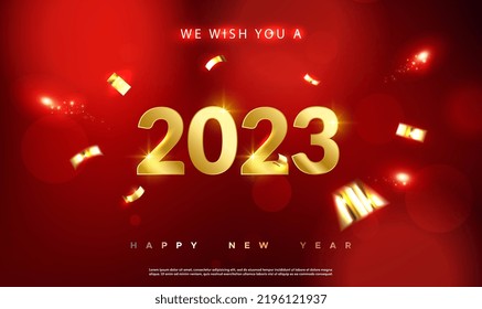 2023 Happy New Year Background Design. 2023 number on a red blurry background. Happy new year 2023 with gold confetti on red striped background. Greeting Card, Banner, Poster. Vector Illustration.