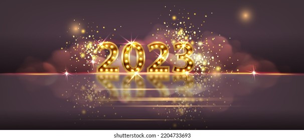 2023 happy New Year background, shiny bulbs, party glowing stars, 3D vector festive golden numbers. Congratulation winter poster, Christmas celebration holiday banner. 2023 Year luxury illustration