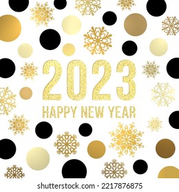 2023 Happy New Year background. Golden black circles snowflakes glittering glowing gold celebrating text. Abstract greeting card design template. Bright shining New Year decoration vector illustration